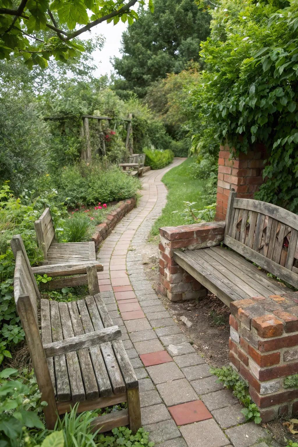 Recycled materials add character and sustainability to garden hardscaping.