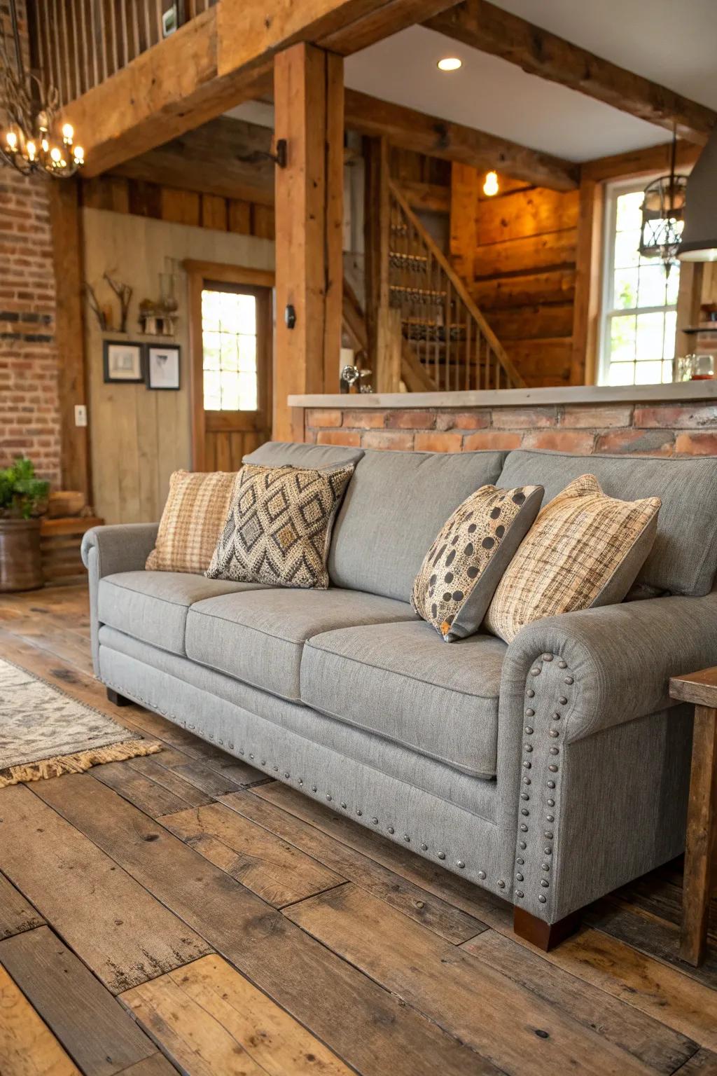 Rustic elements add charm to a grey couch setting.