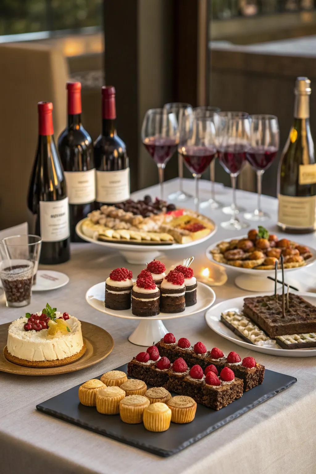 A sophisticated wine and dessert tasting setup, perfect for an adult half birthday celebration.