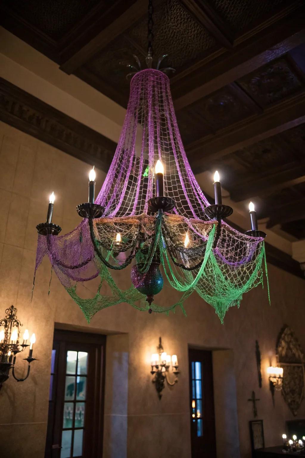 Colored cobwebs add a vibrant twist to Halloween decor.