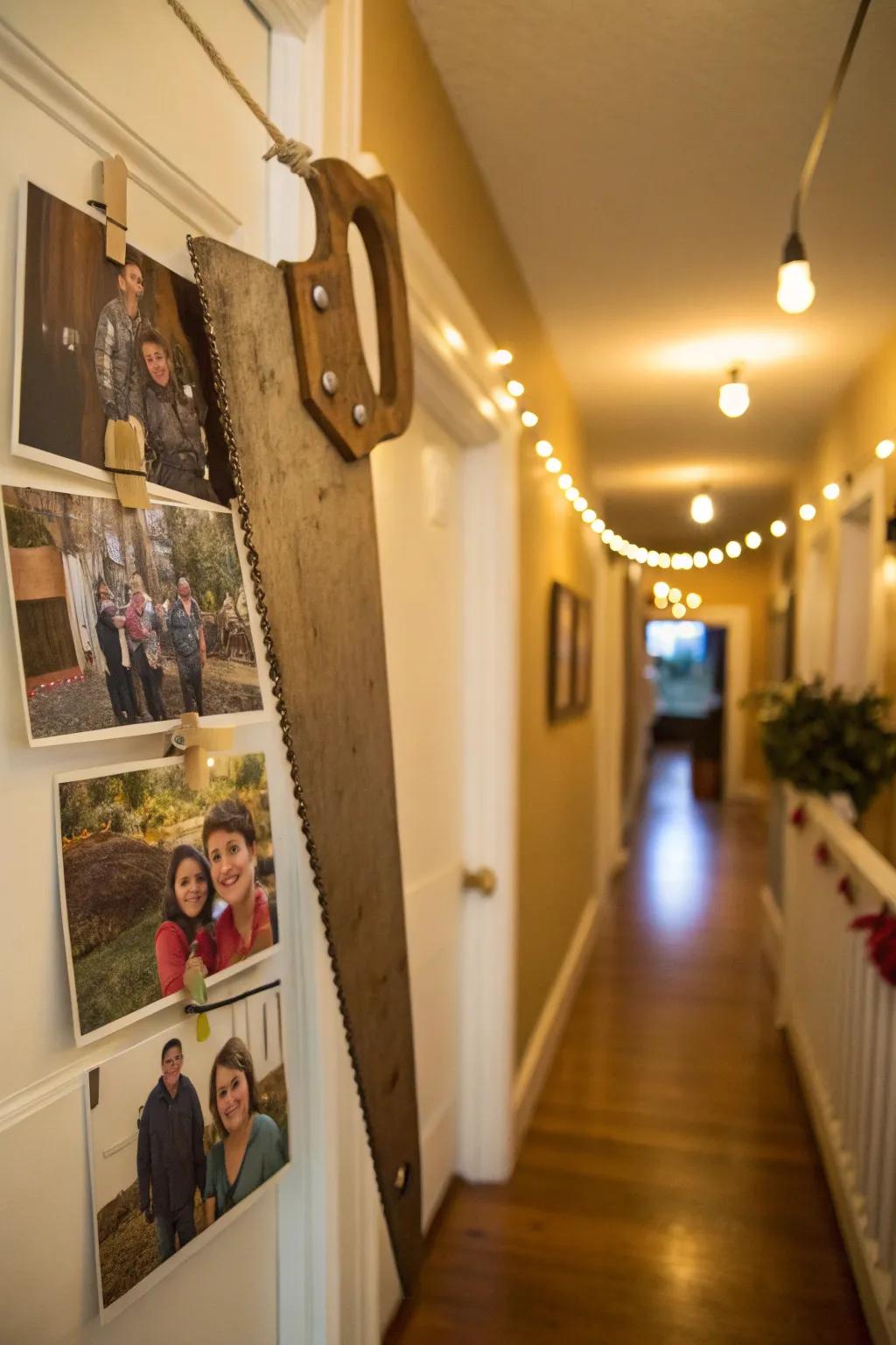 A rustic photo display using a vintage hand saw.