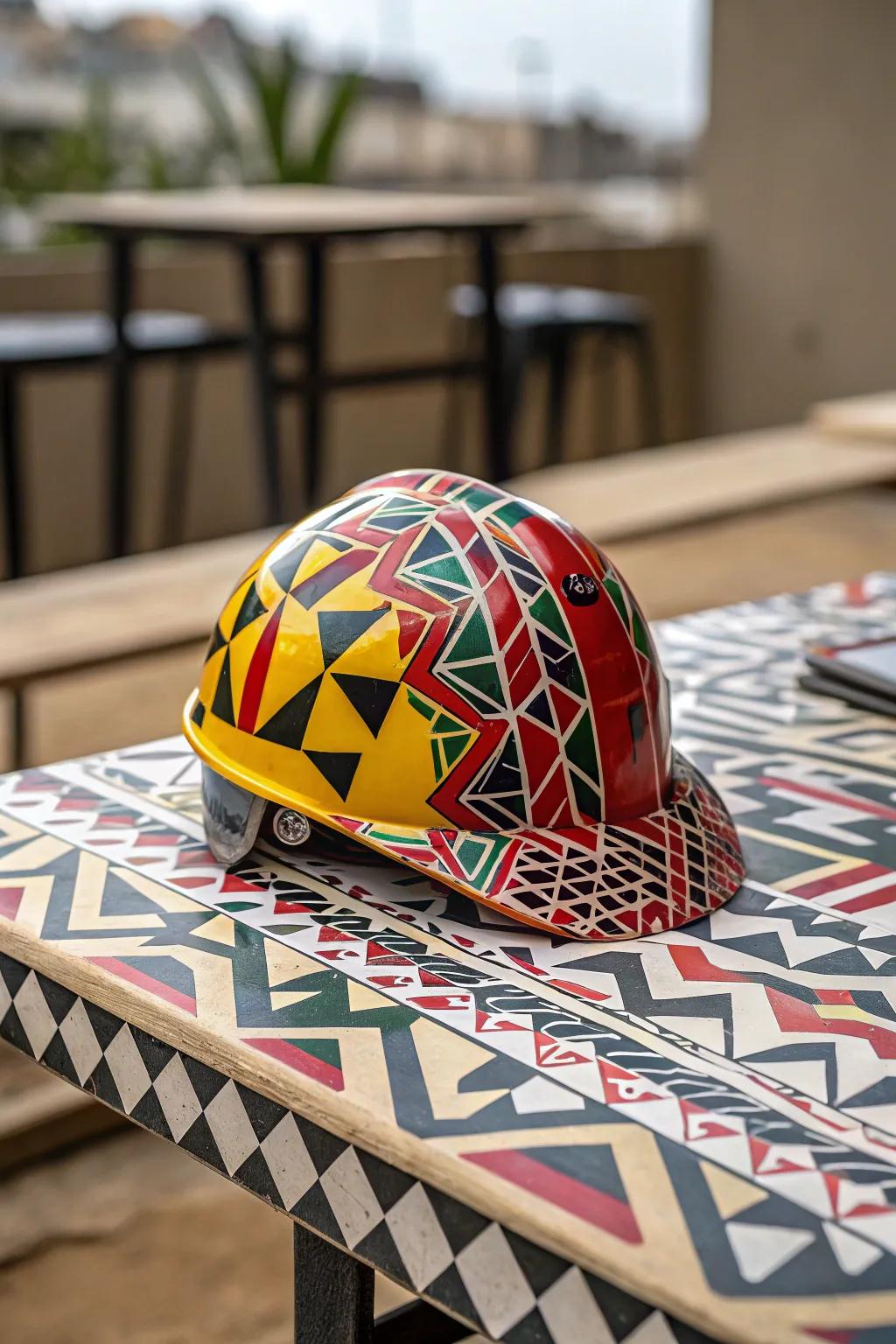 A safety helmet with a modern geometric design.