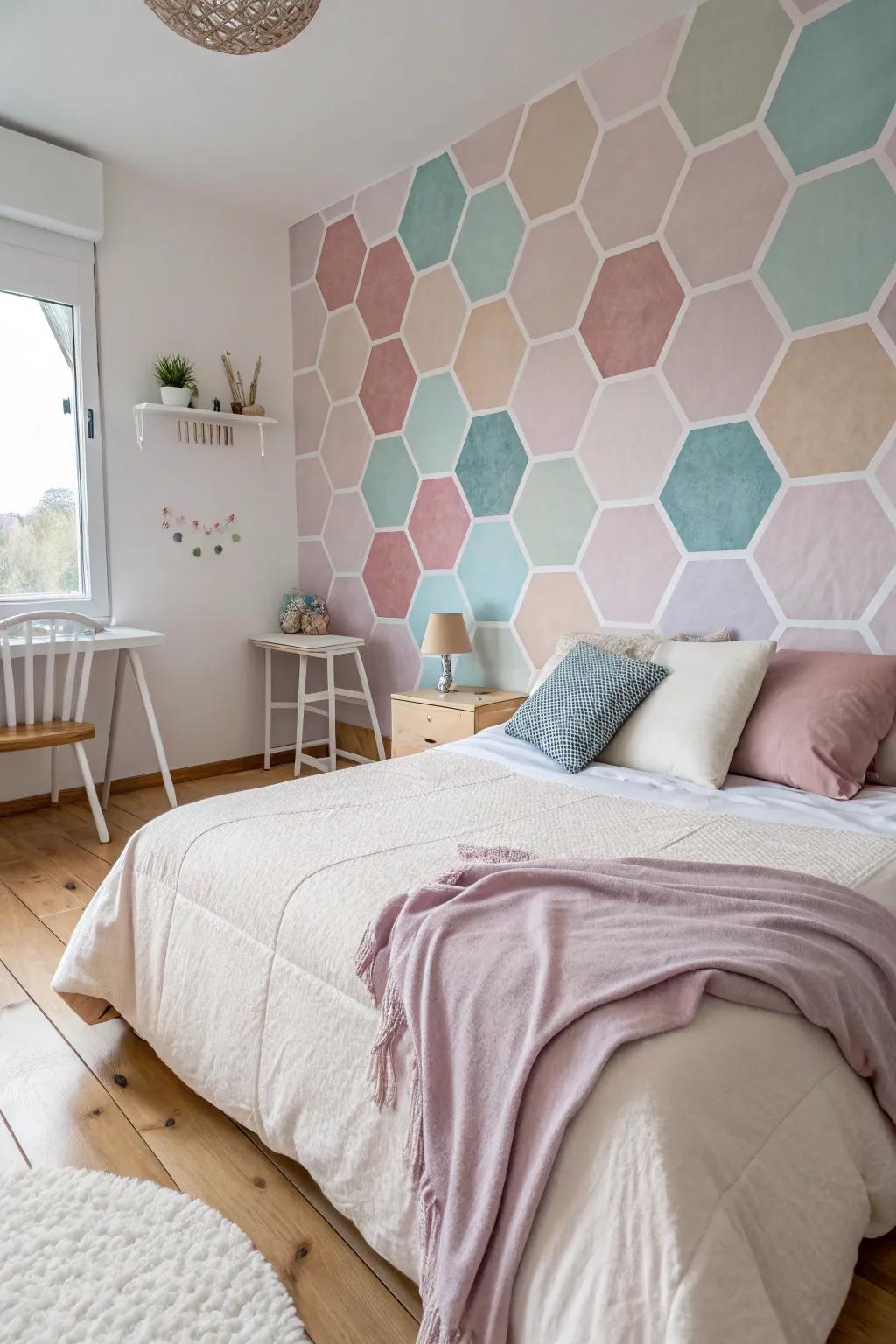 Pastel hexagons create a soothing and dreamy environment.