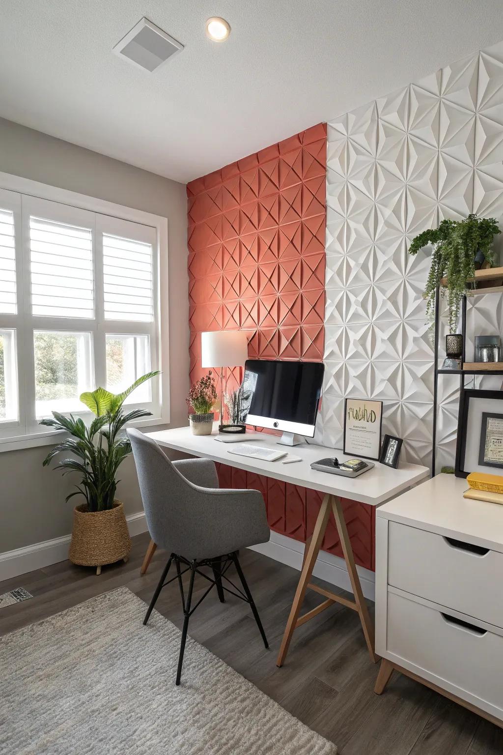 3D panels add depth and intrigue to this contemporary home office.