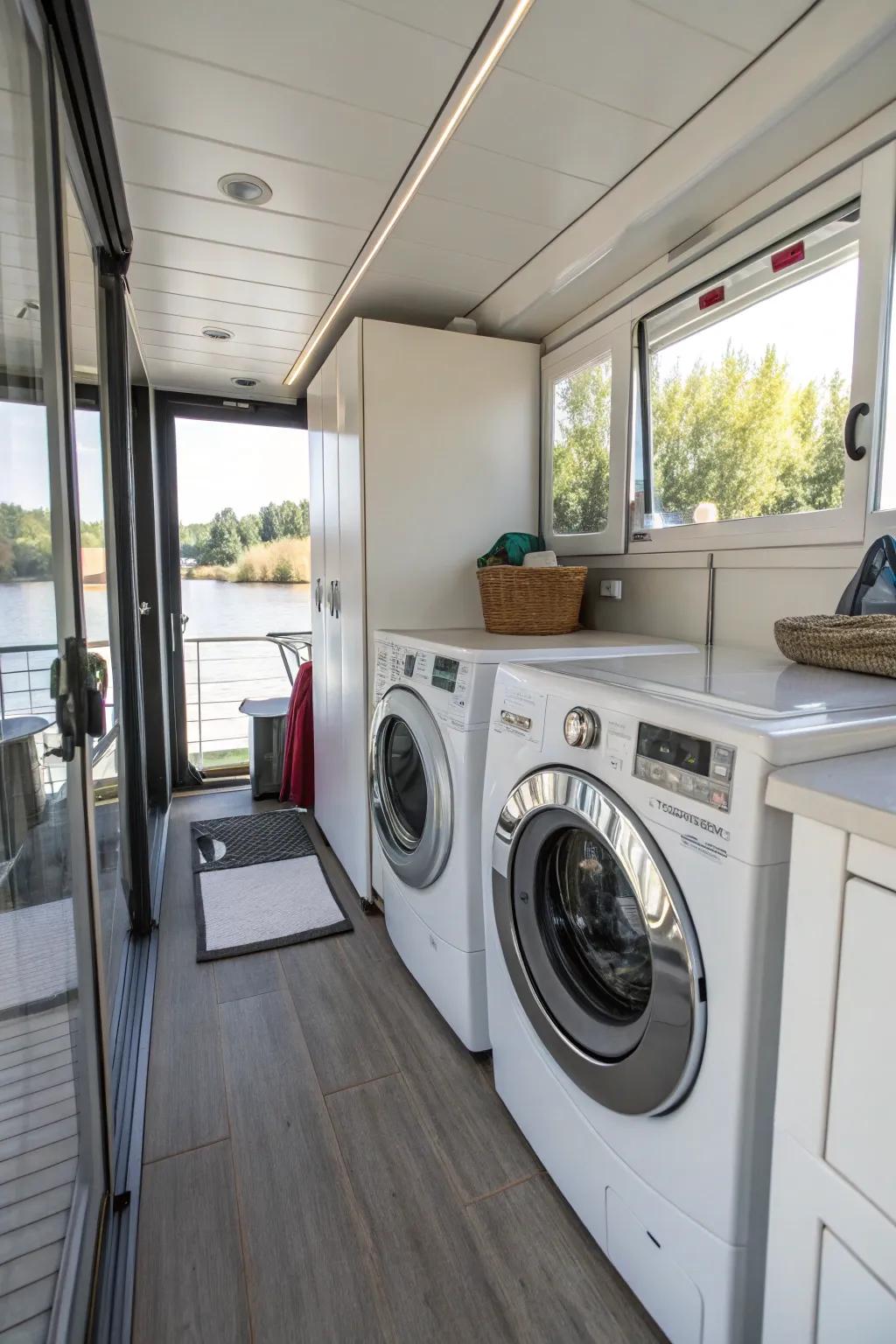 Space-saving appliances enhance functionality in this houseboat.