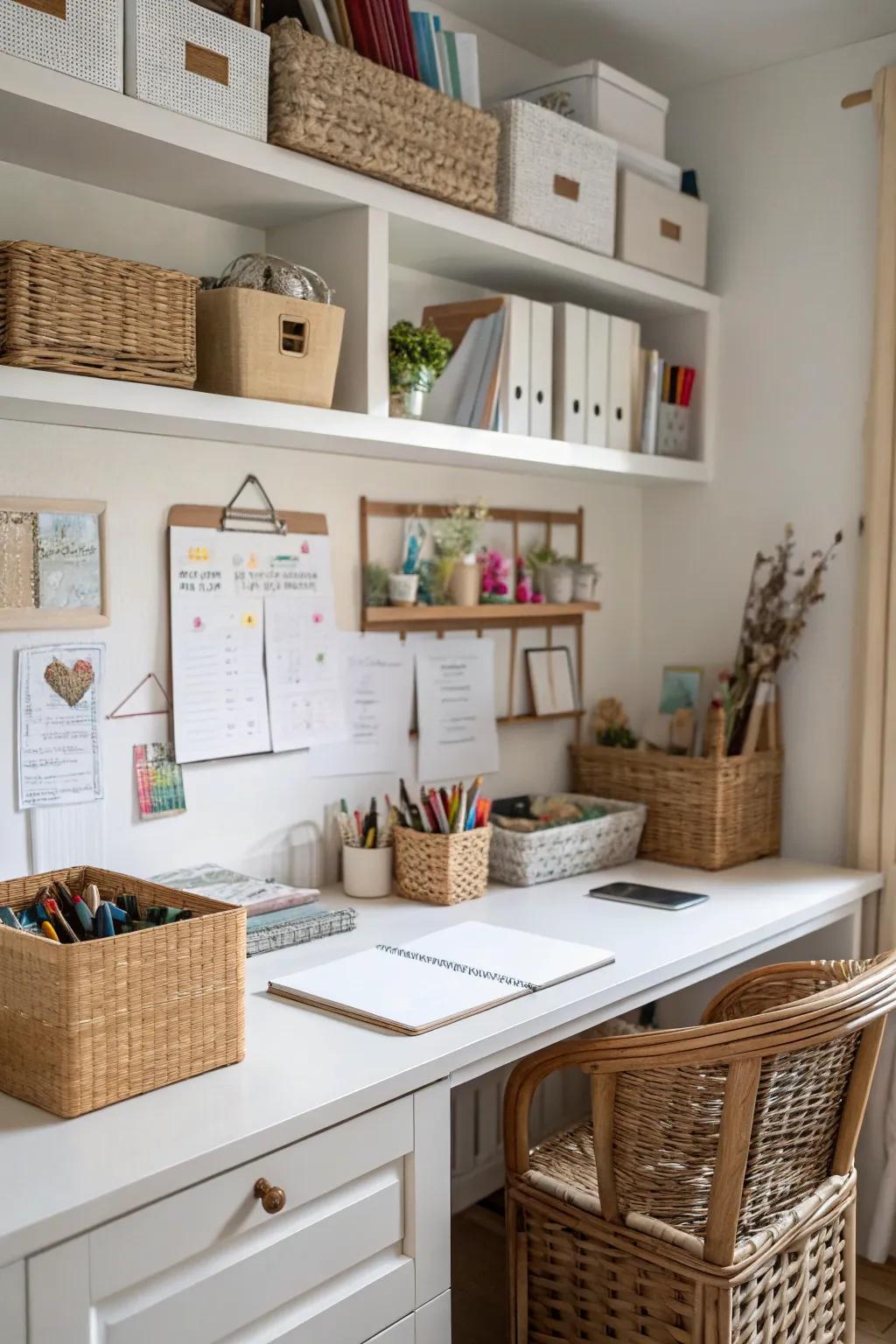 Baskets keep office supplies organized and inviting.