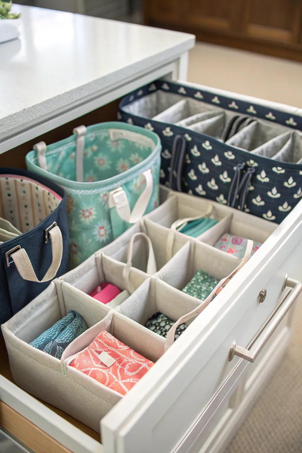 Chest partitions assist in keeping bags neatly organized.