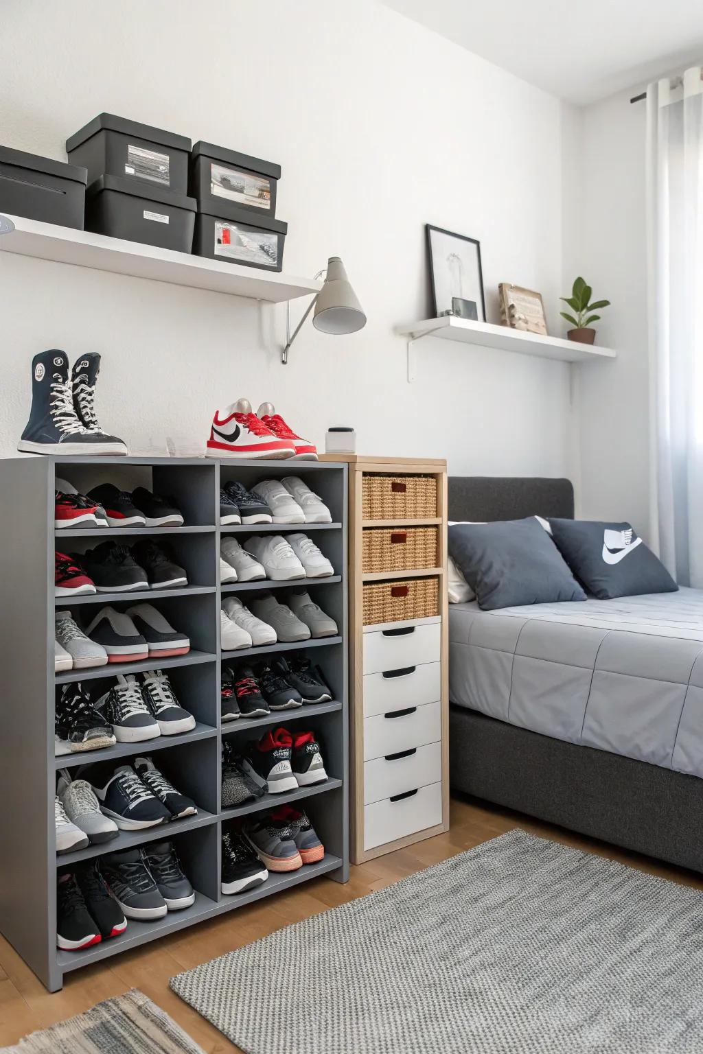 Minimalist storage keeping sneakers organized and stylish.