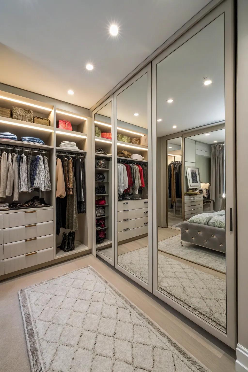 Mirrors engender an illusion of spaciousness within an unconventional closet.