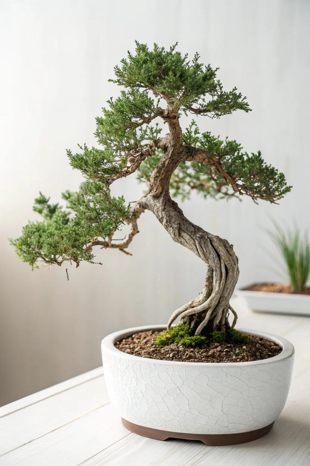 An uncovered roots juniper bonsai exhibiting its compelling roots within a minimalist container.