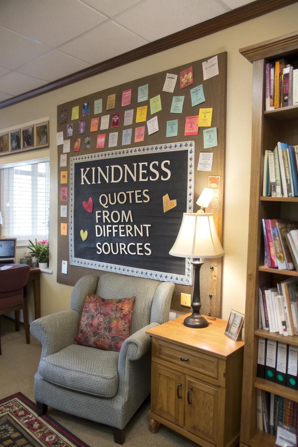 A cozy study kindness quote wall filled with inspirational quotes from various sources.