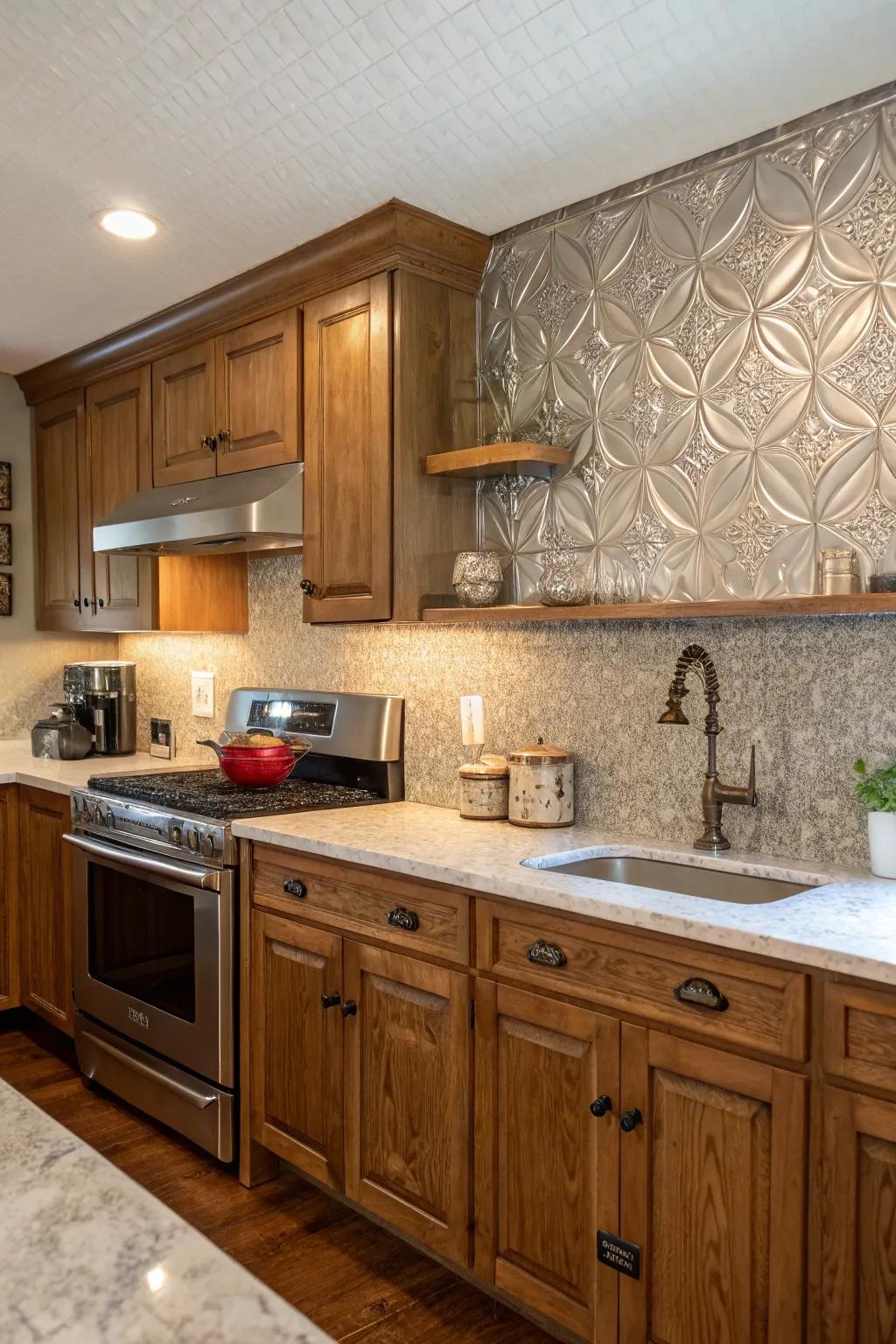 Pressed tin panels bring a touch of vintage elegance to your kitchen.