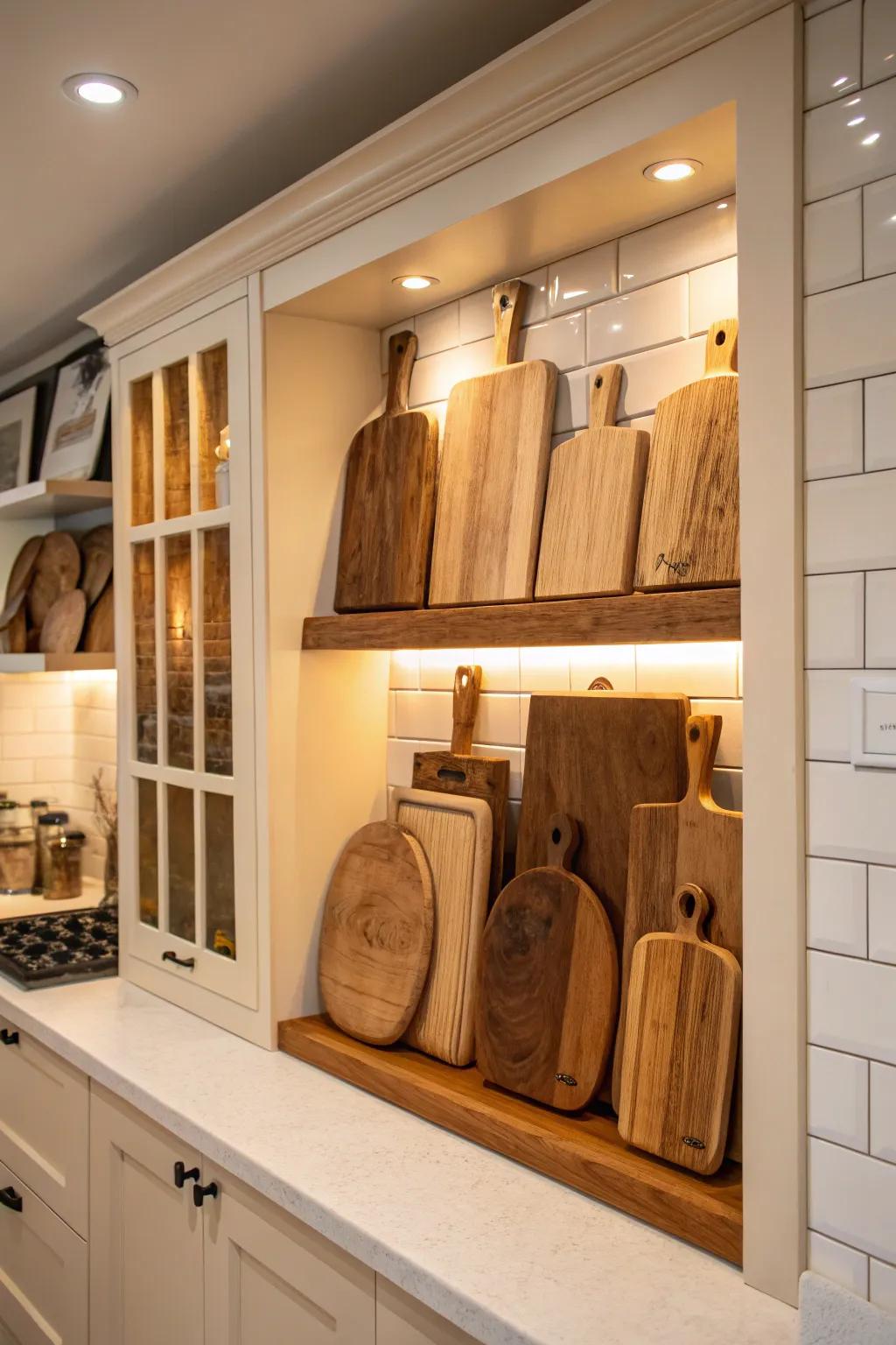 A wall niche becomes a unique showcase for cutting boards.