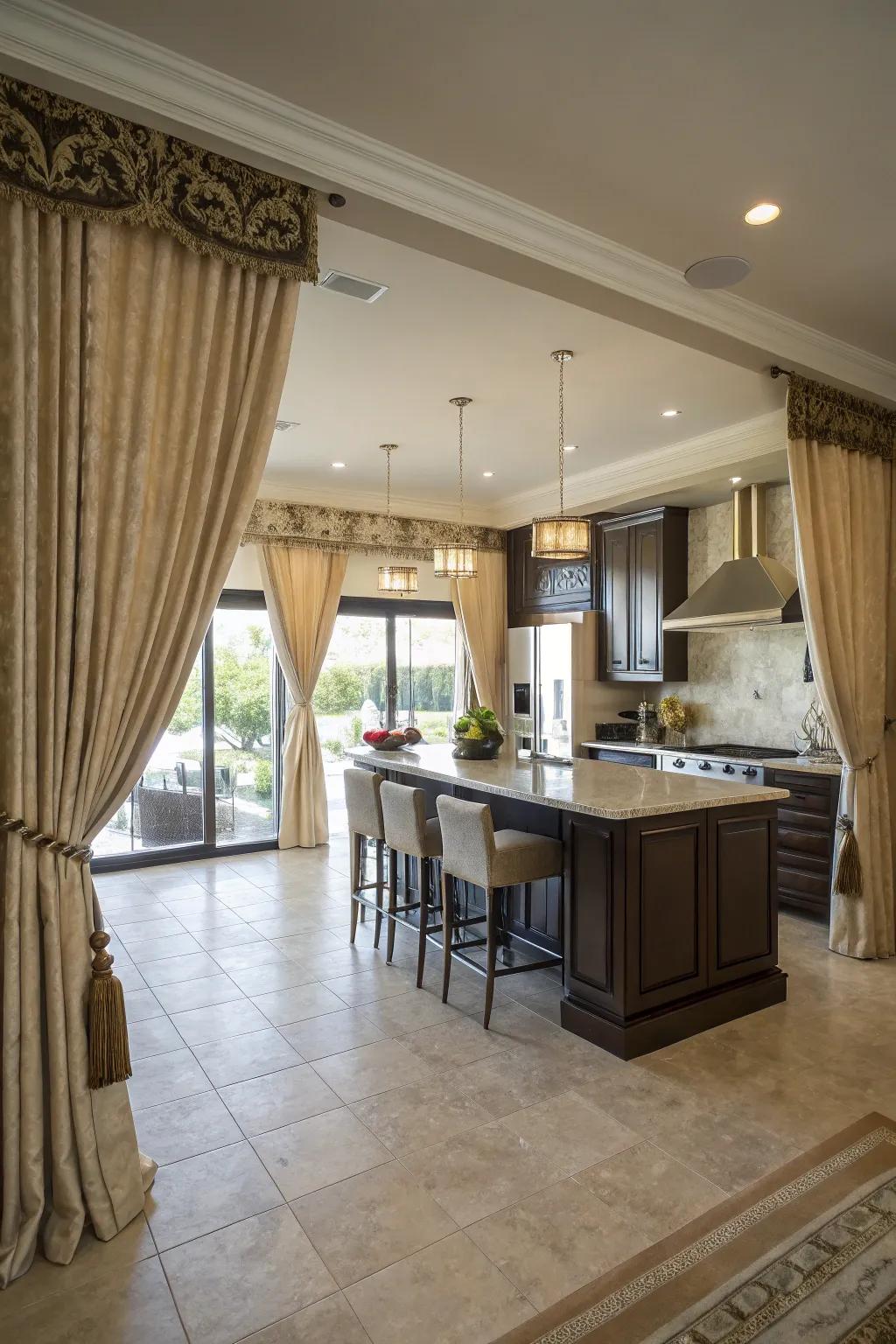 Floor-length curtains bring elegance and drama to larger kitchens.