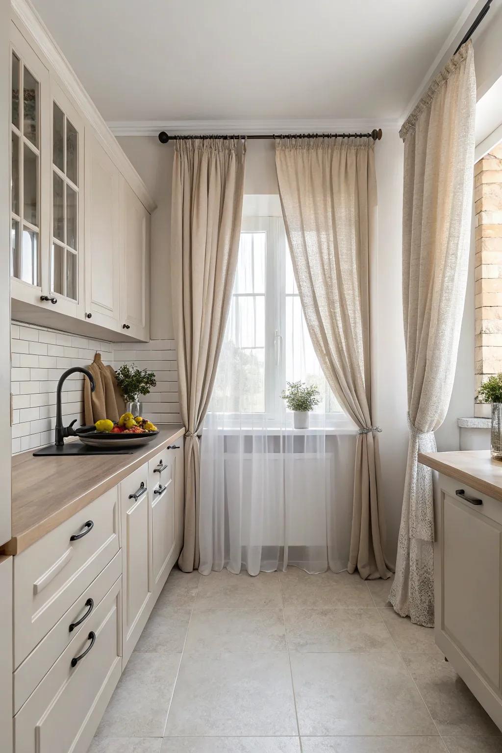 Neutral curtains offer a serene and cohesive kitchen design.