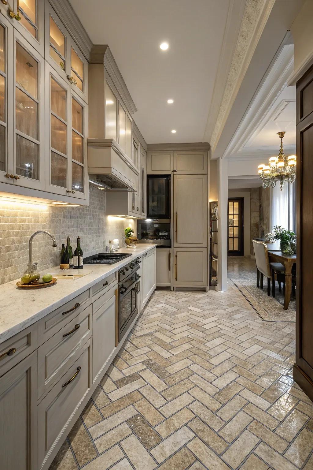 Embrace elegance with herringbone-patterned tiles.