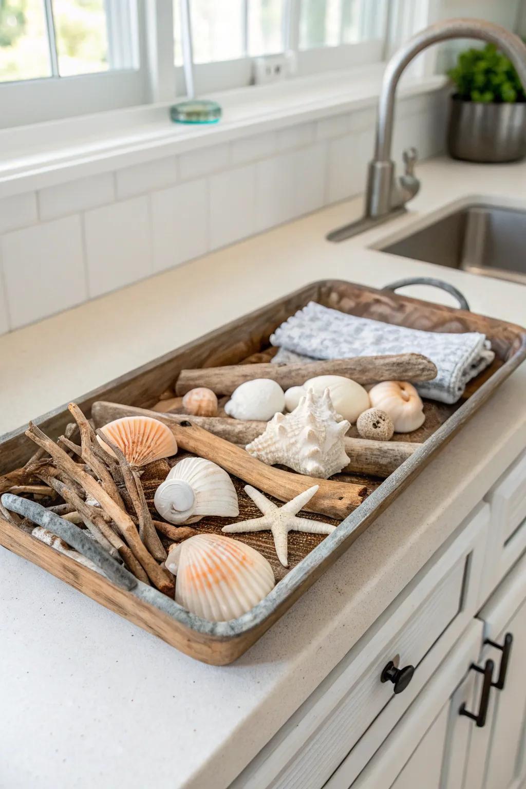 Maritime shells and ligneous littoral detritus evoke a tranquil coastal sentiment.