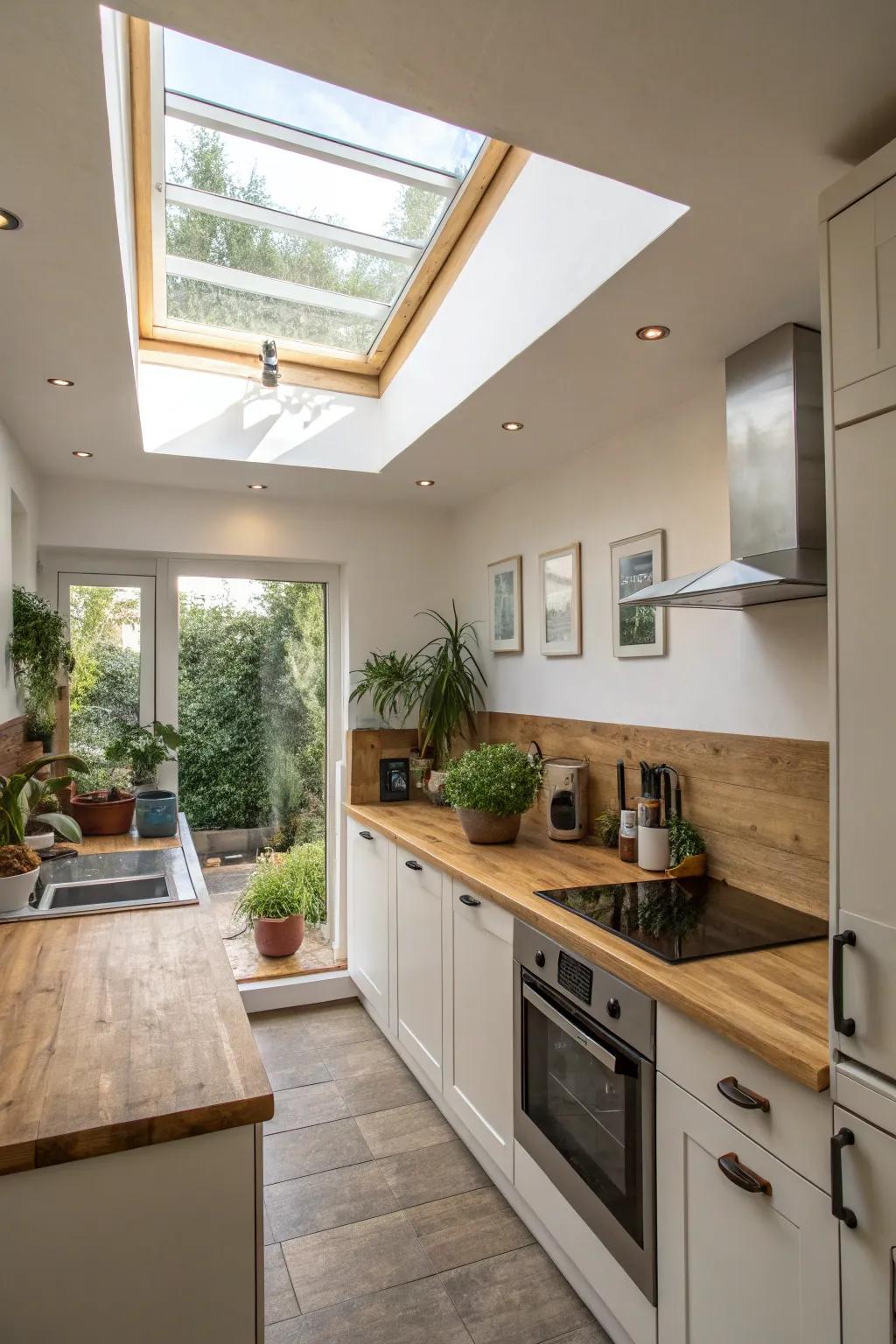 Skylights naturally brighten your kitchen, aiding an eco-friendly lifestyle.