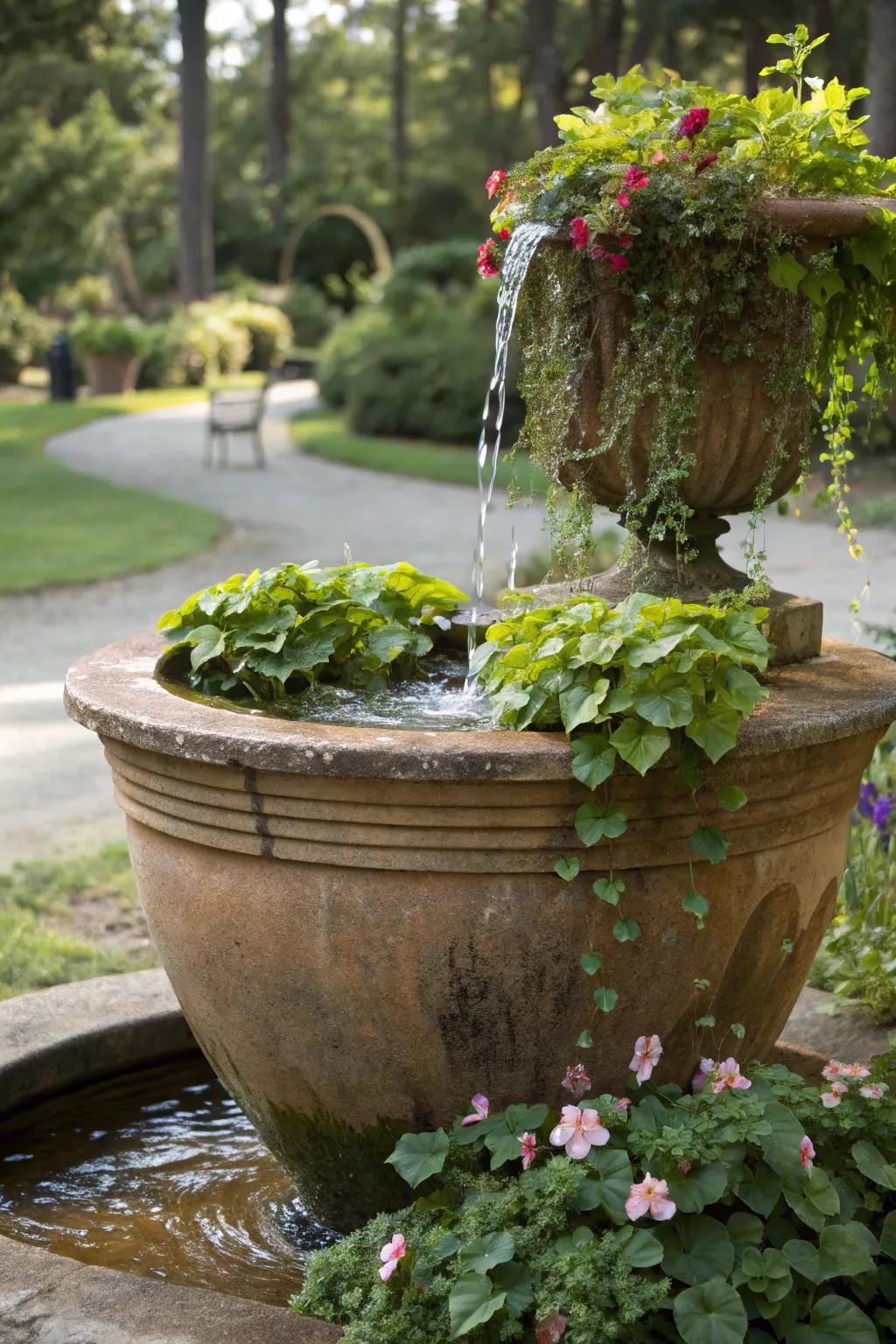 Bring tranquility with a pot water feature.