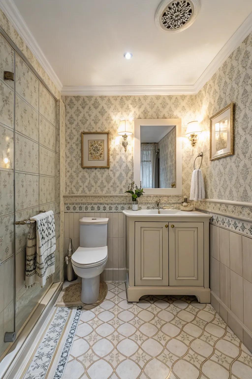 Subtle patterns add visual interest to a serene light bathroom.