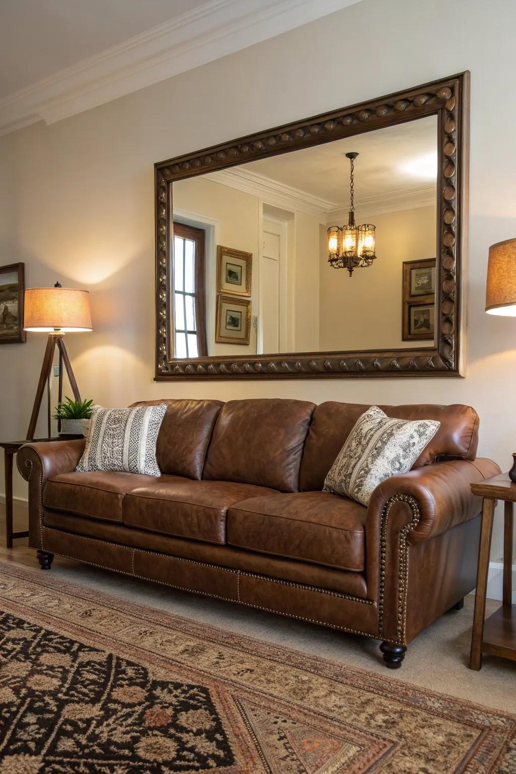 Mirrors enhance light and space in the living room.