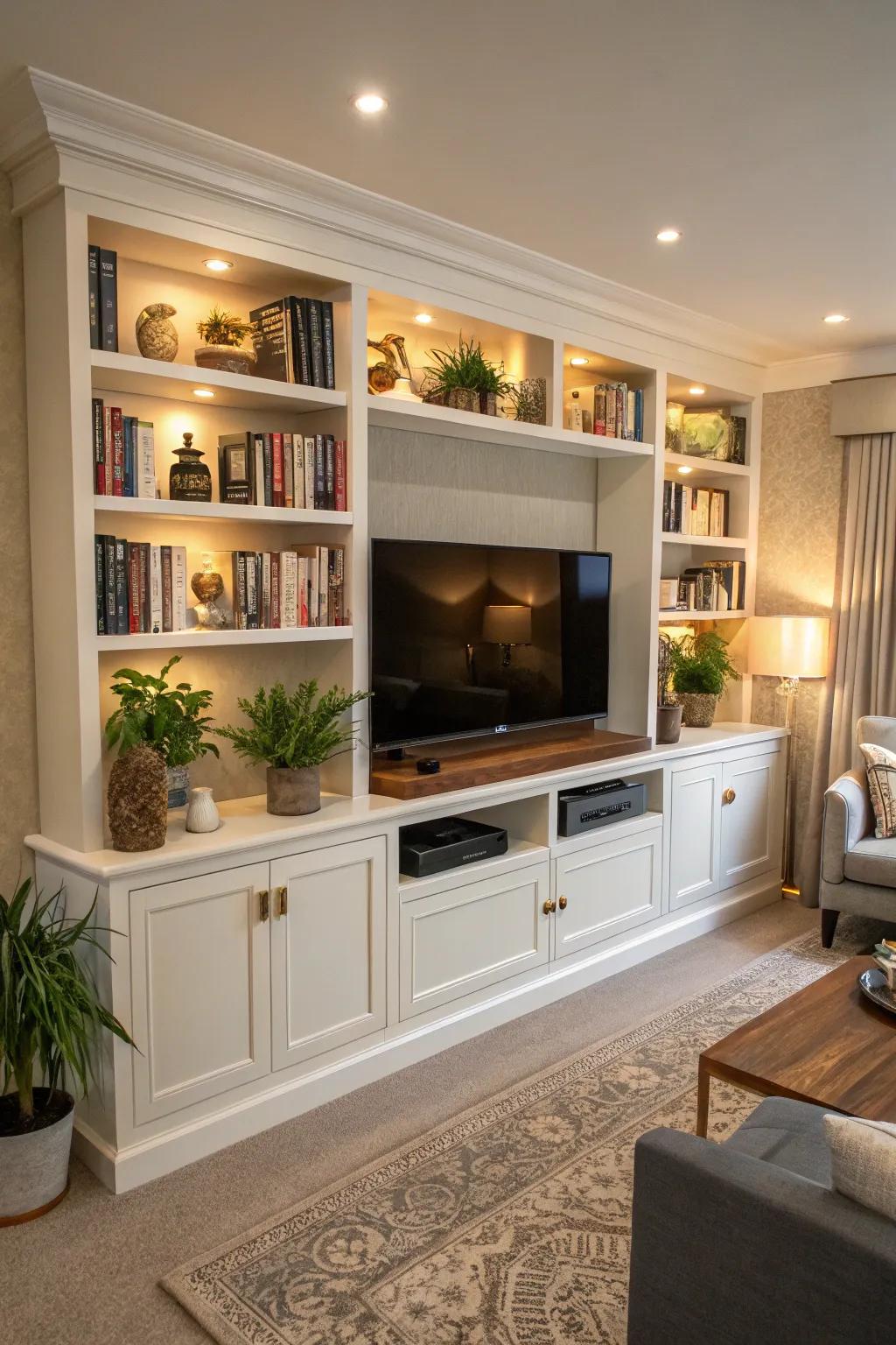 A media wall with integrated bookshelves offers both functionality and style.