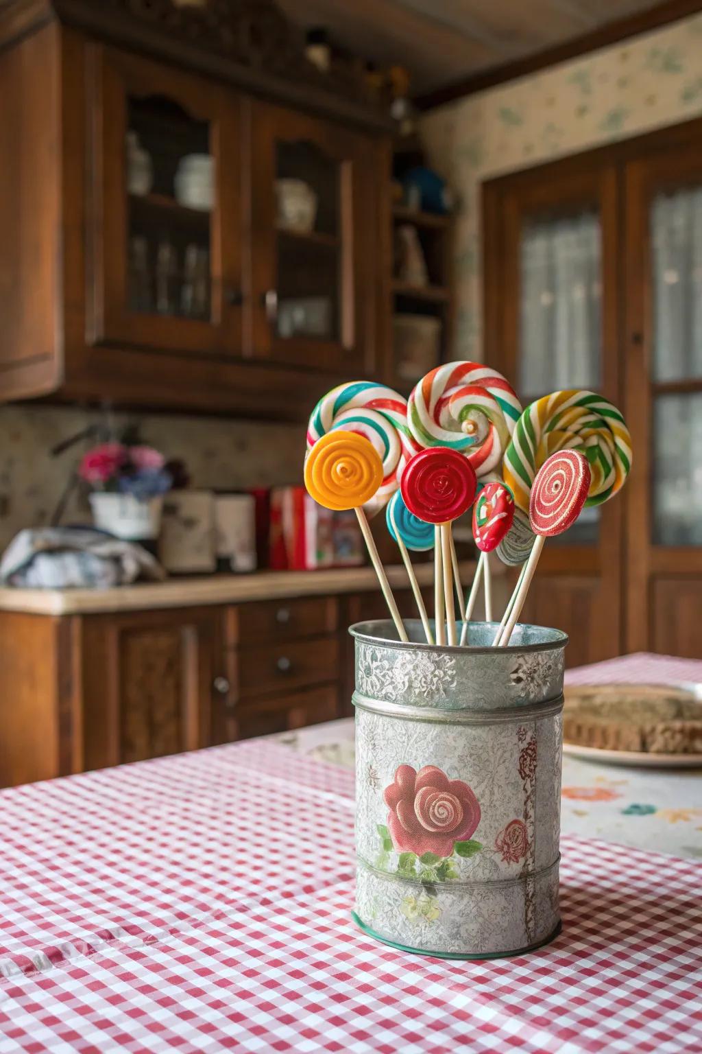 A vintage tin can holding a sweet treat posy