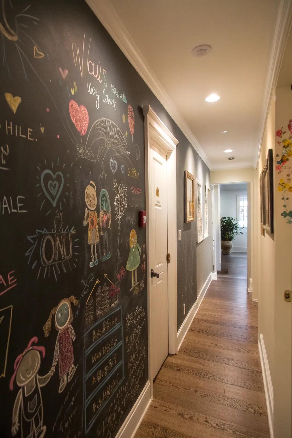 A chalkboard wall adds a playful and functional touch.