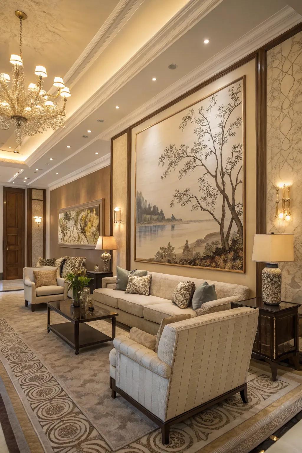 Large-scale wall art creates a stunning focal point in this living room.