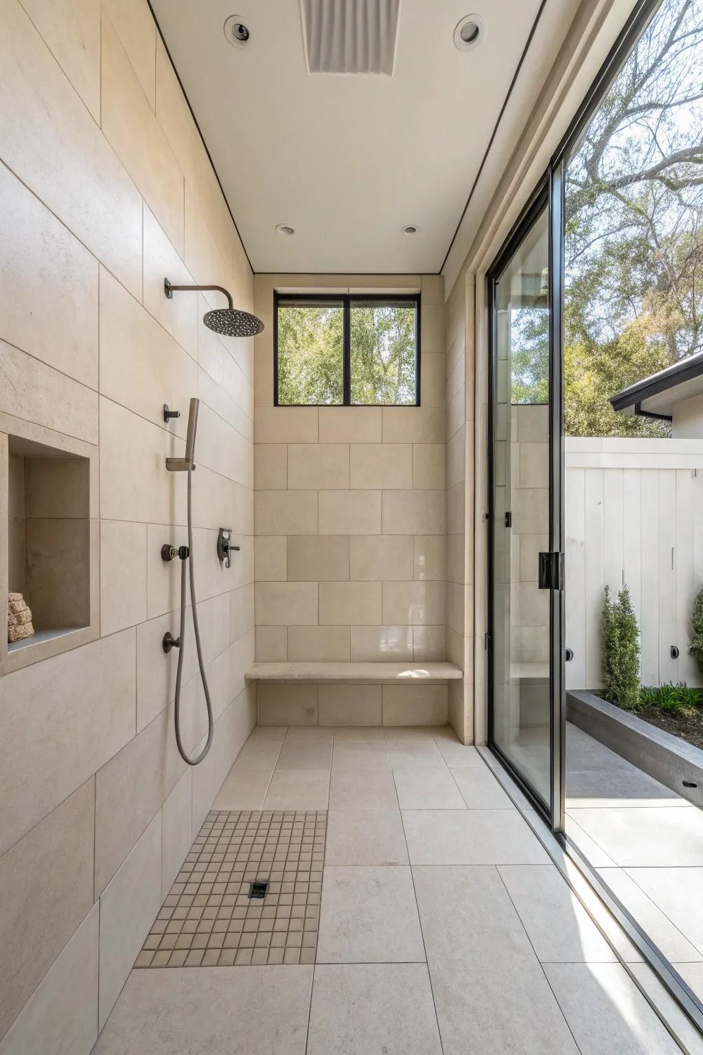 An open shower layout designed for a seamless bathroom flow.