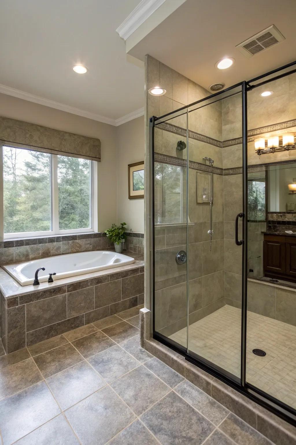Edge-free glass doors contribute to an open and modern bathroom design.
