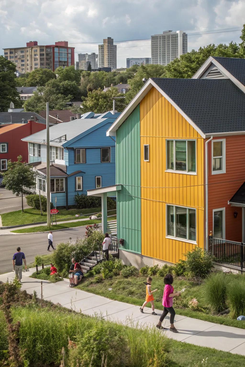 A vibrant community home with metal cladding featuring colors that clash for a lively look.