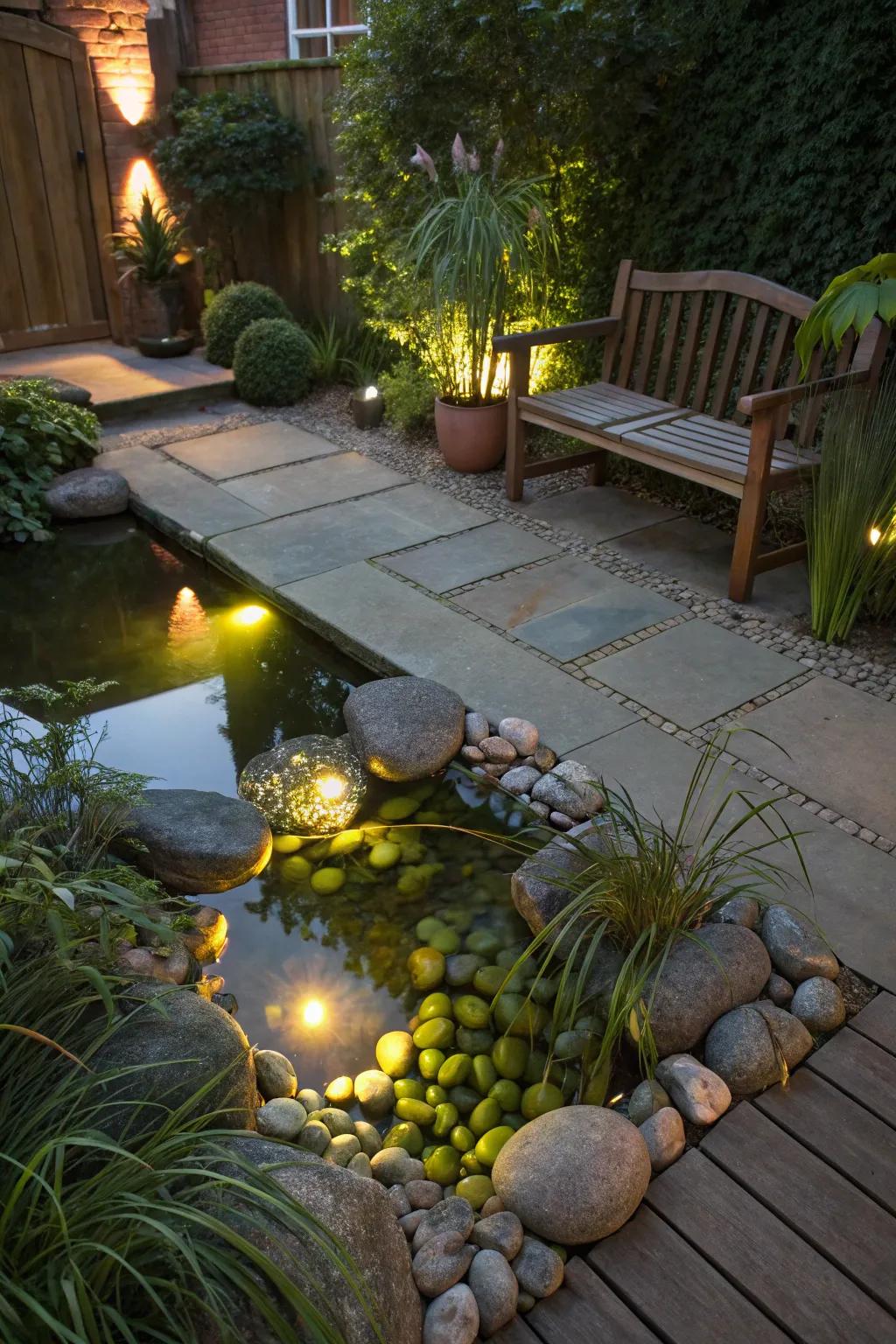 Underwater lights create a magical ambiance in a patio pond.