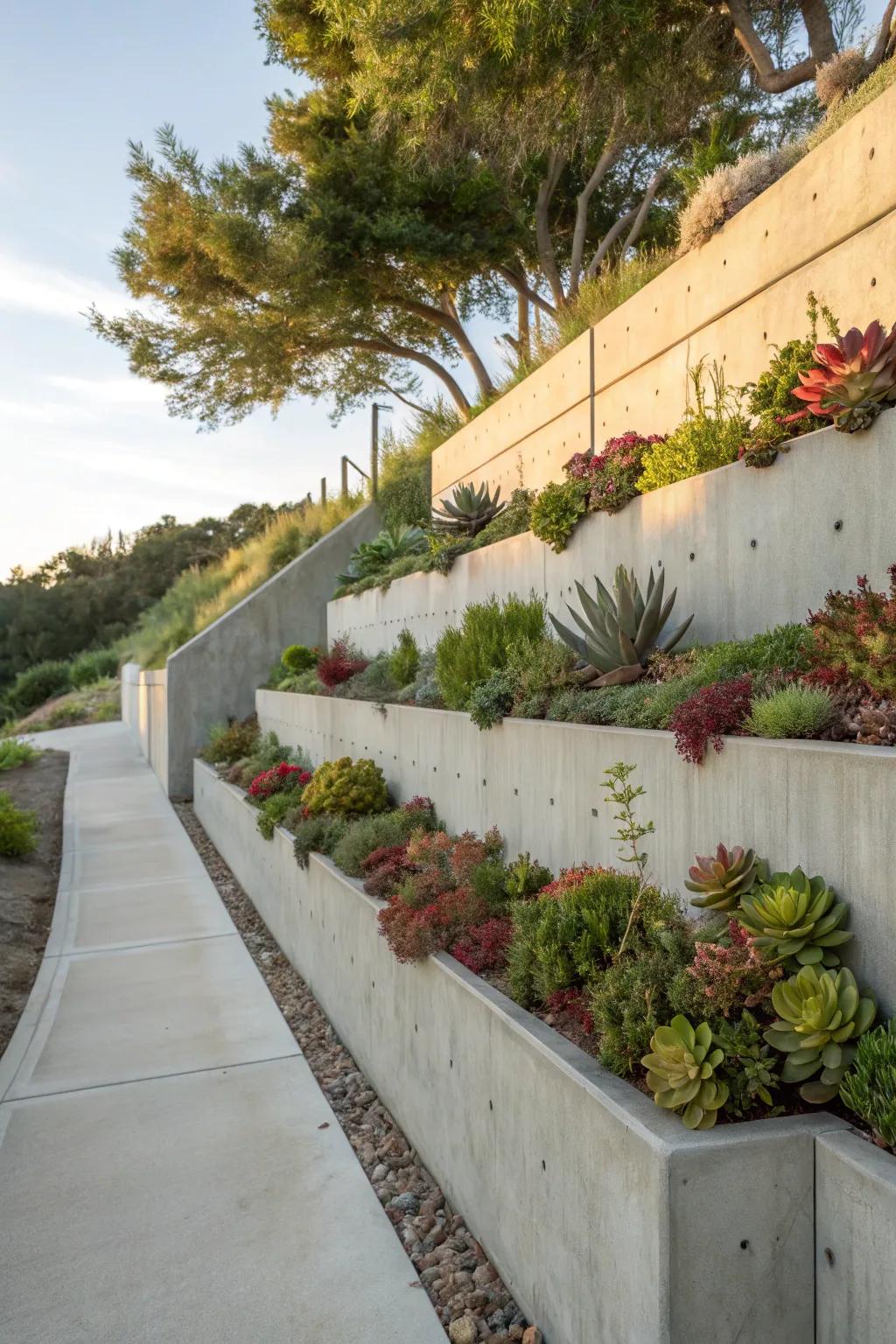 Rockface with built-in planters for added greenery.