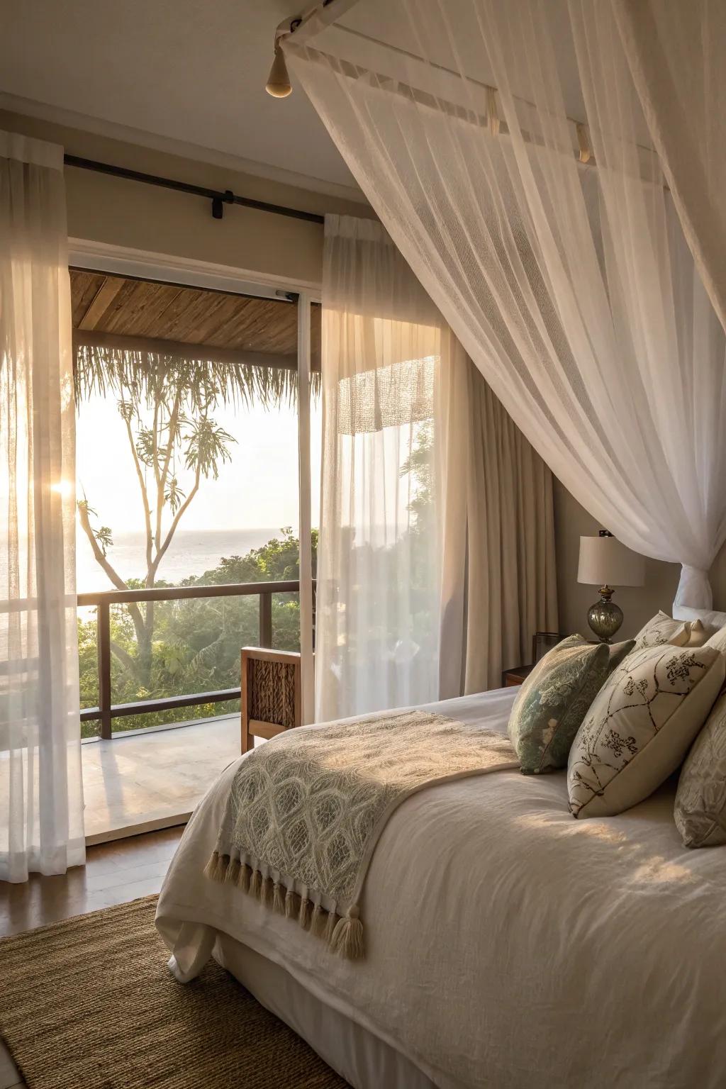 Sheer curtains offer privacy while allowing light in this guest bedroom.