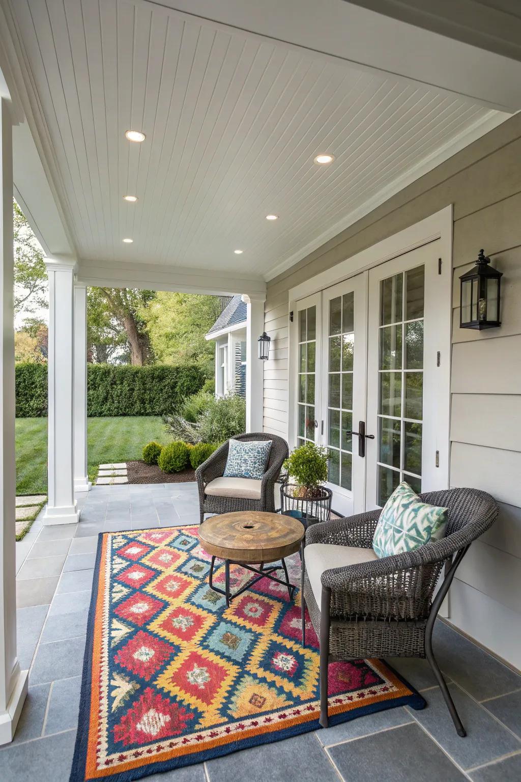 A stylish carpet anchors and defines the contemporary porch space.