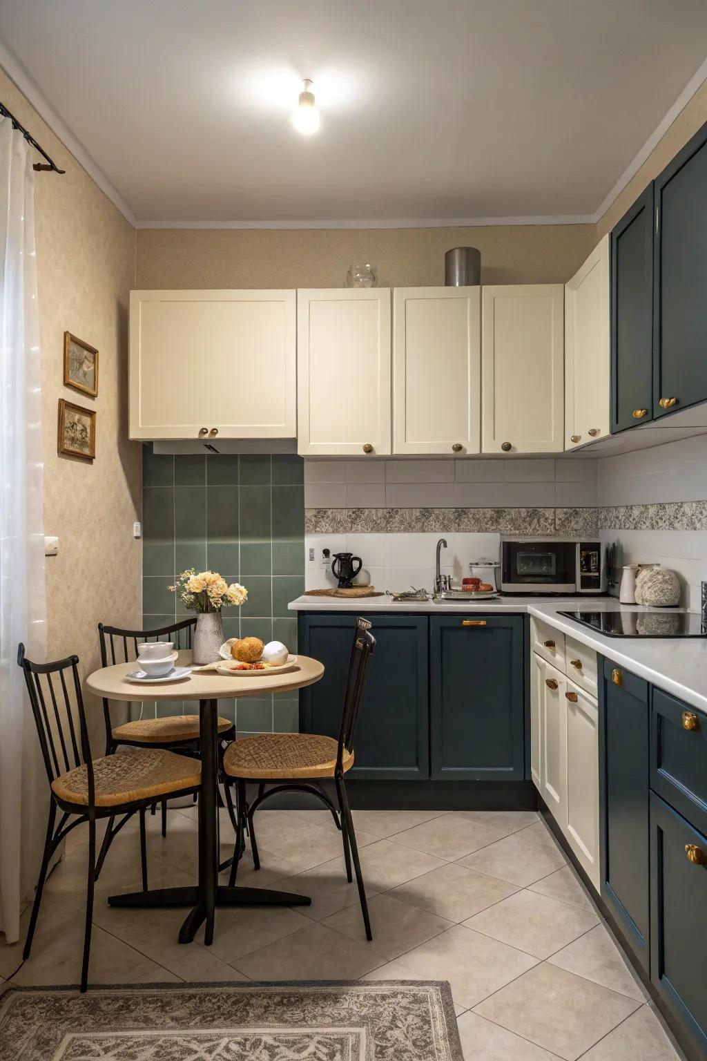 Two-tone cabinets add a modern twist to small kitchen design.