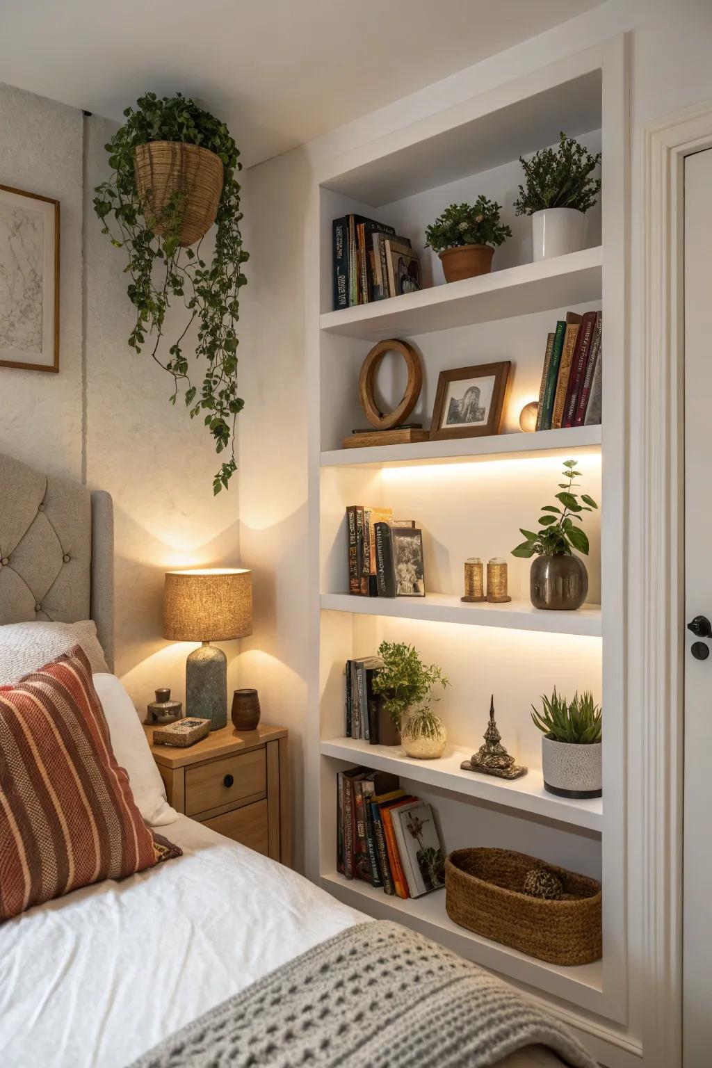 Integrated shelving provides functionality and style in a modern Spanish bedroom.