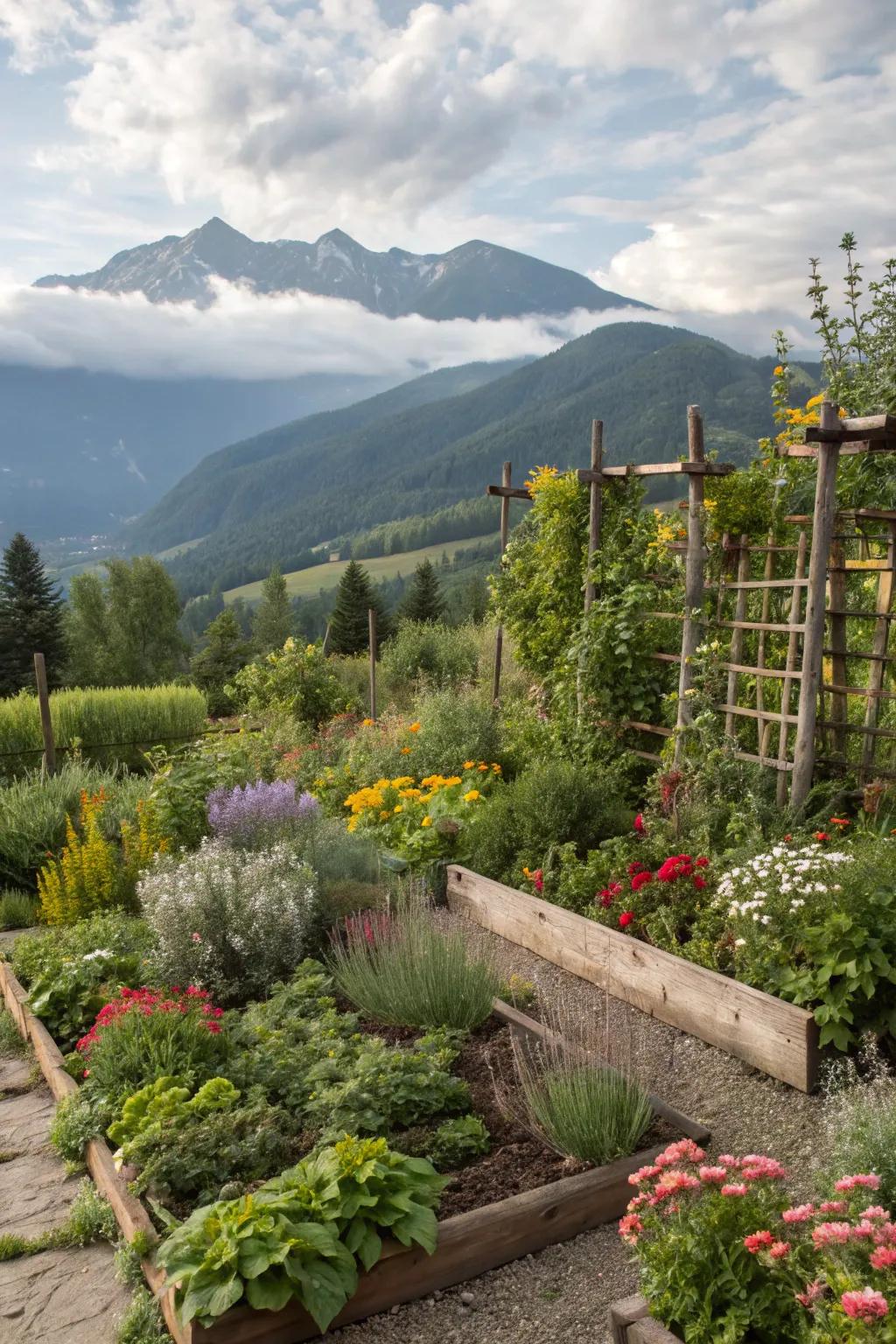 A diverse planting bed showcasing textures and hues in a mountain garden.