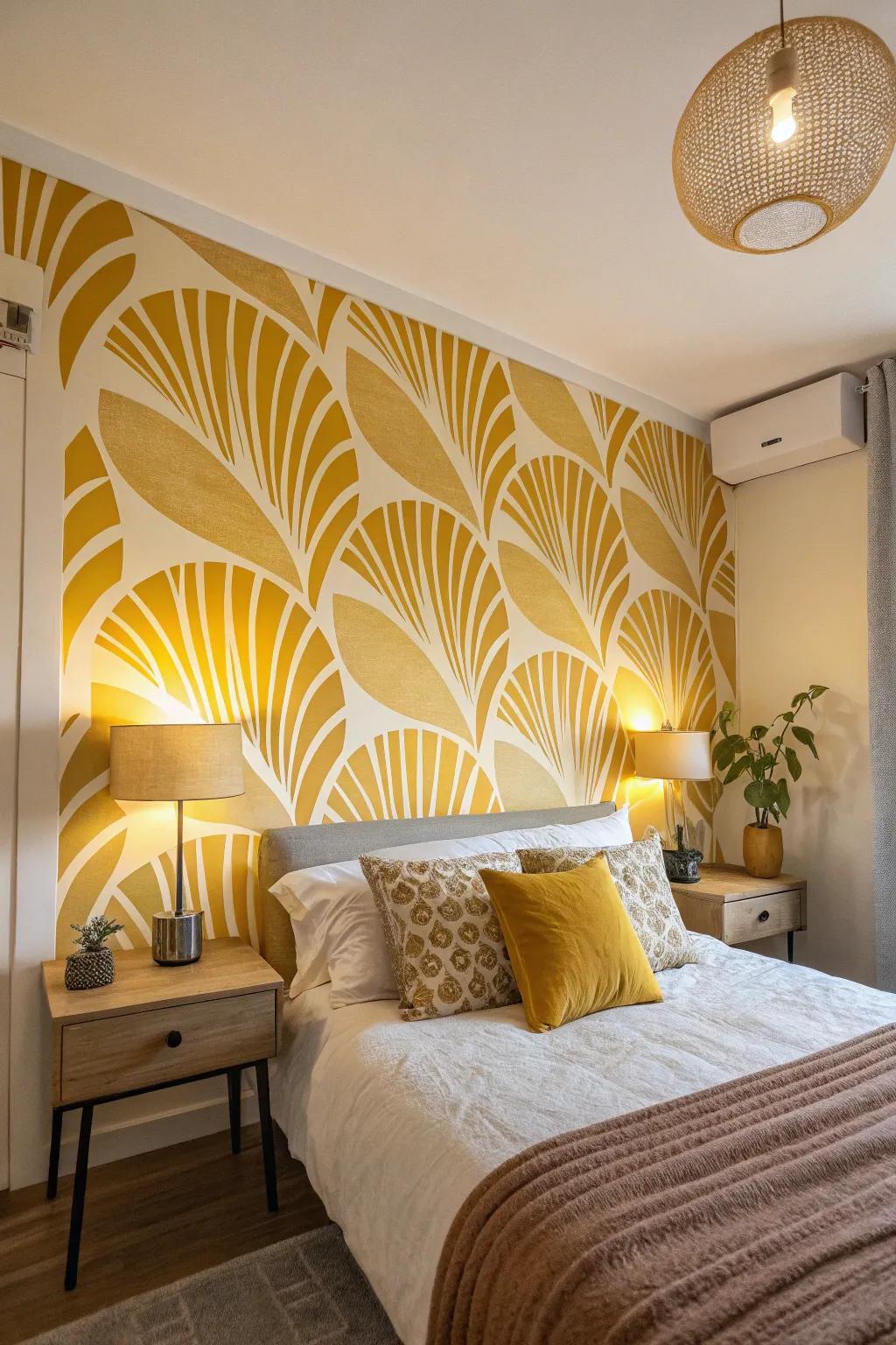 A bedroom with a mural featuring mustard yellow abstract shapes.