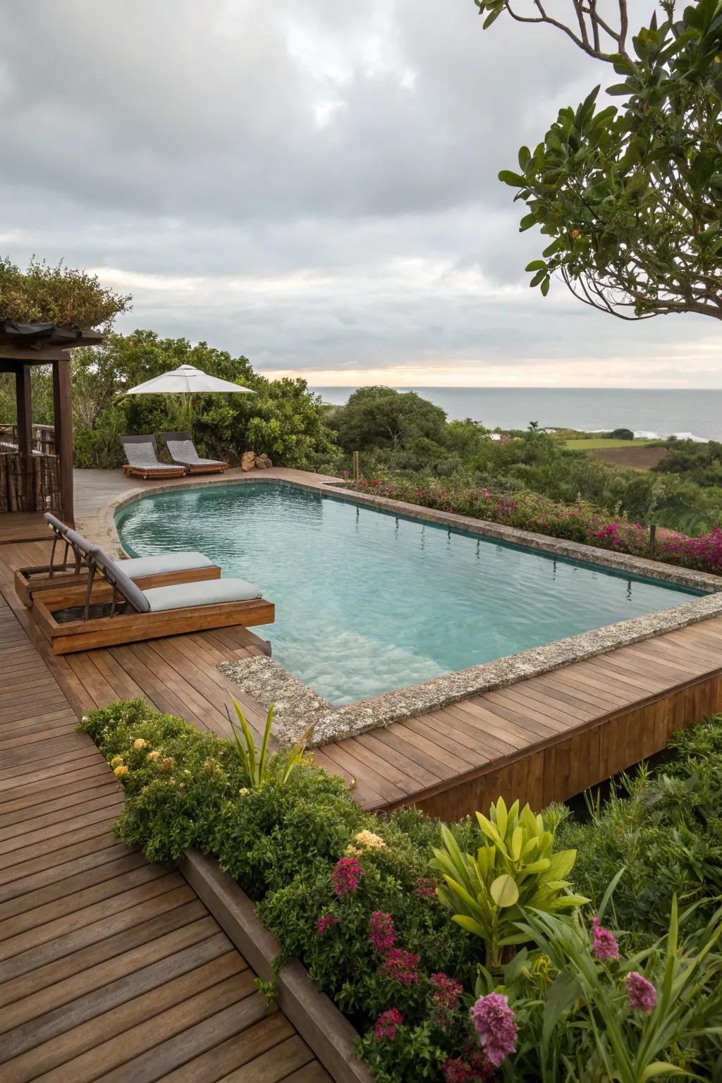 An above-ground pool transformed into a chic and inviting retreat.