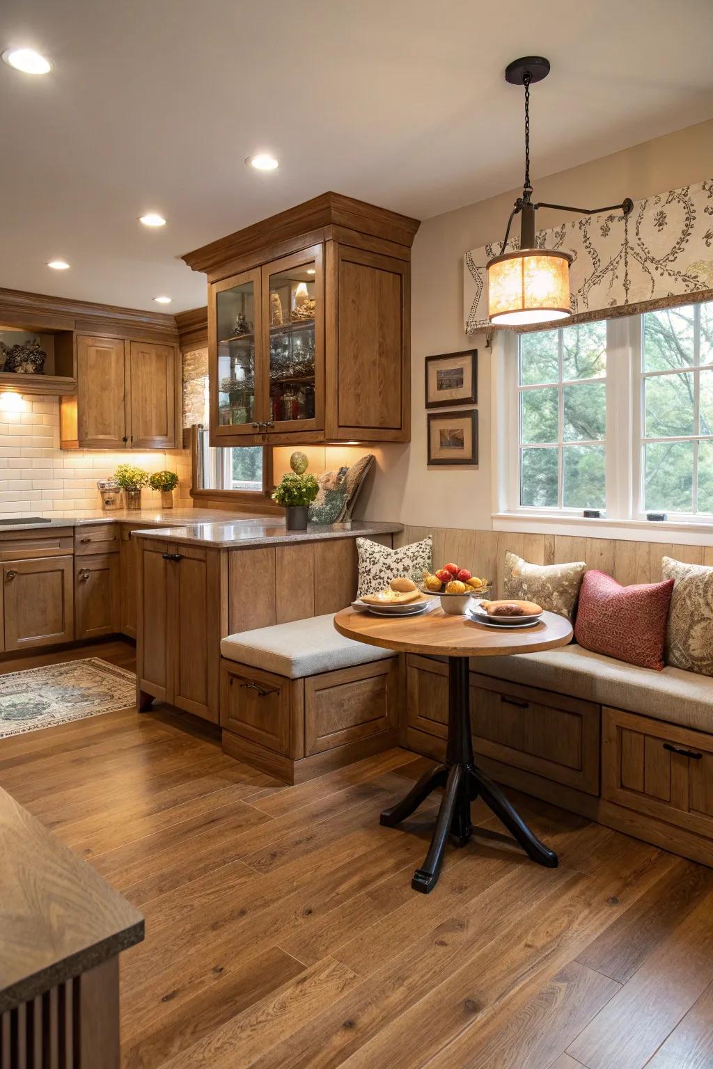 Cozy nook inviting warmth into the oak floor kitchen.