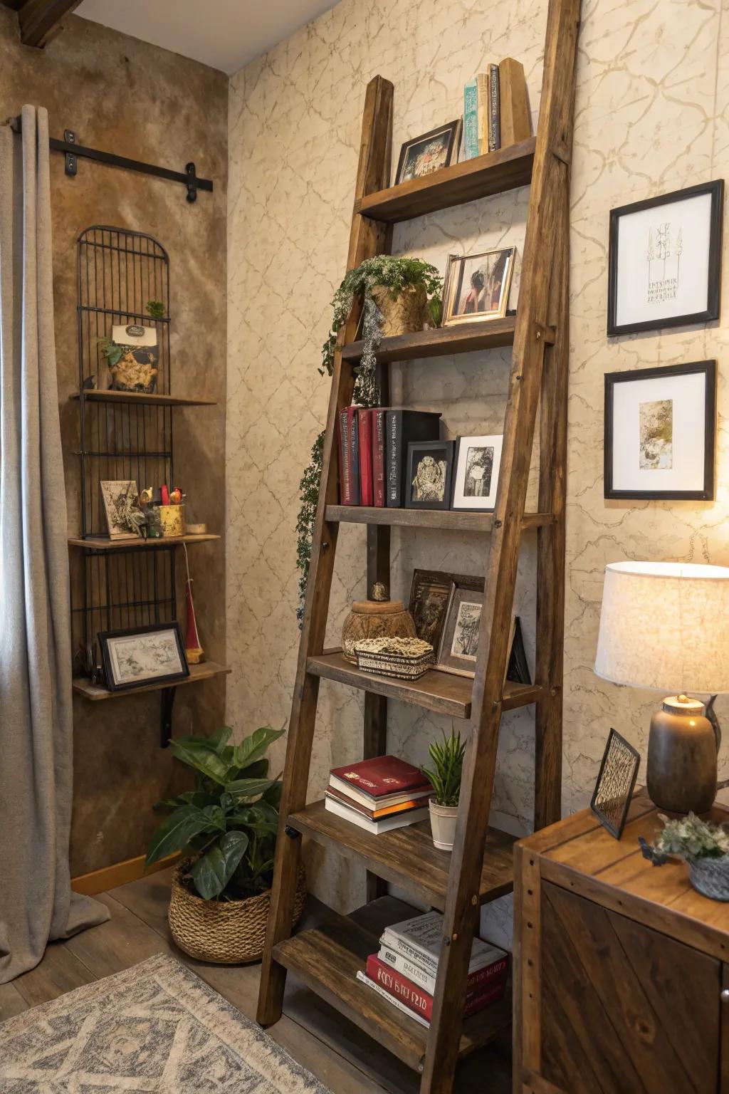 Ladder shelves bring a rustic charm and casual flair to your office.