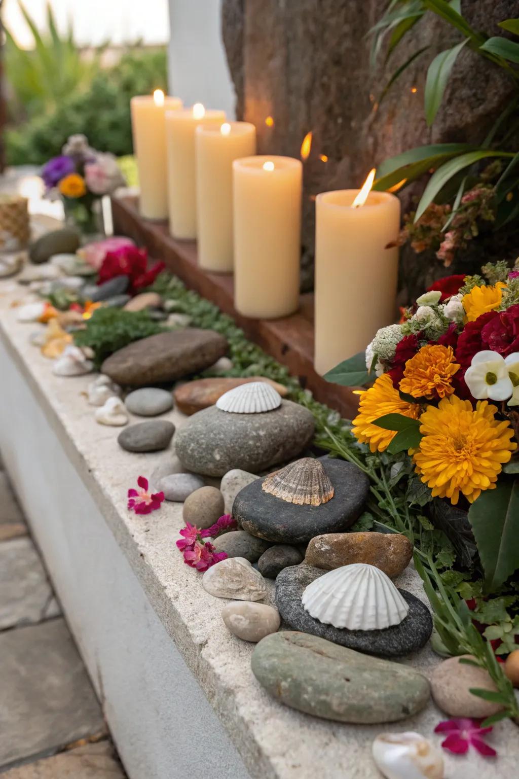 Natural elements like stones and shells ground your ofrenda beautifully.