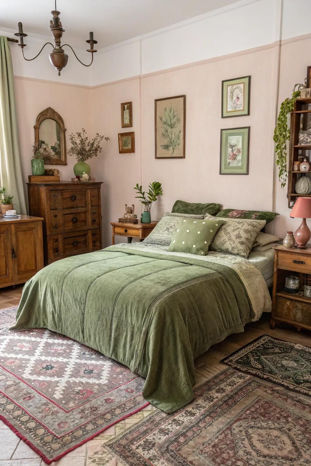 Vintage finds add charm to a room with olive green bedding.