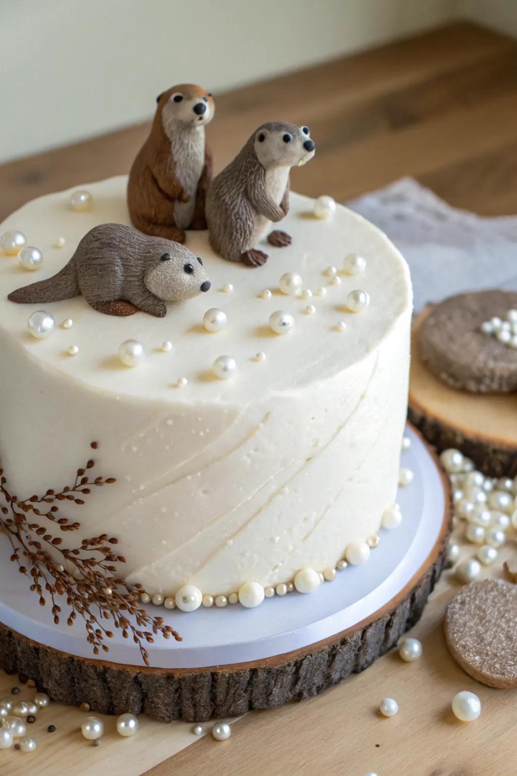 Elevate your cake design with otters and edible pearls.