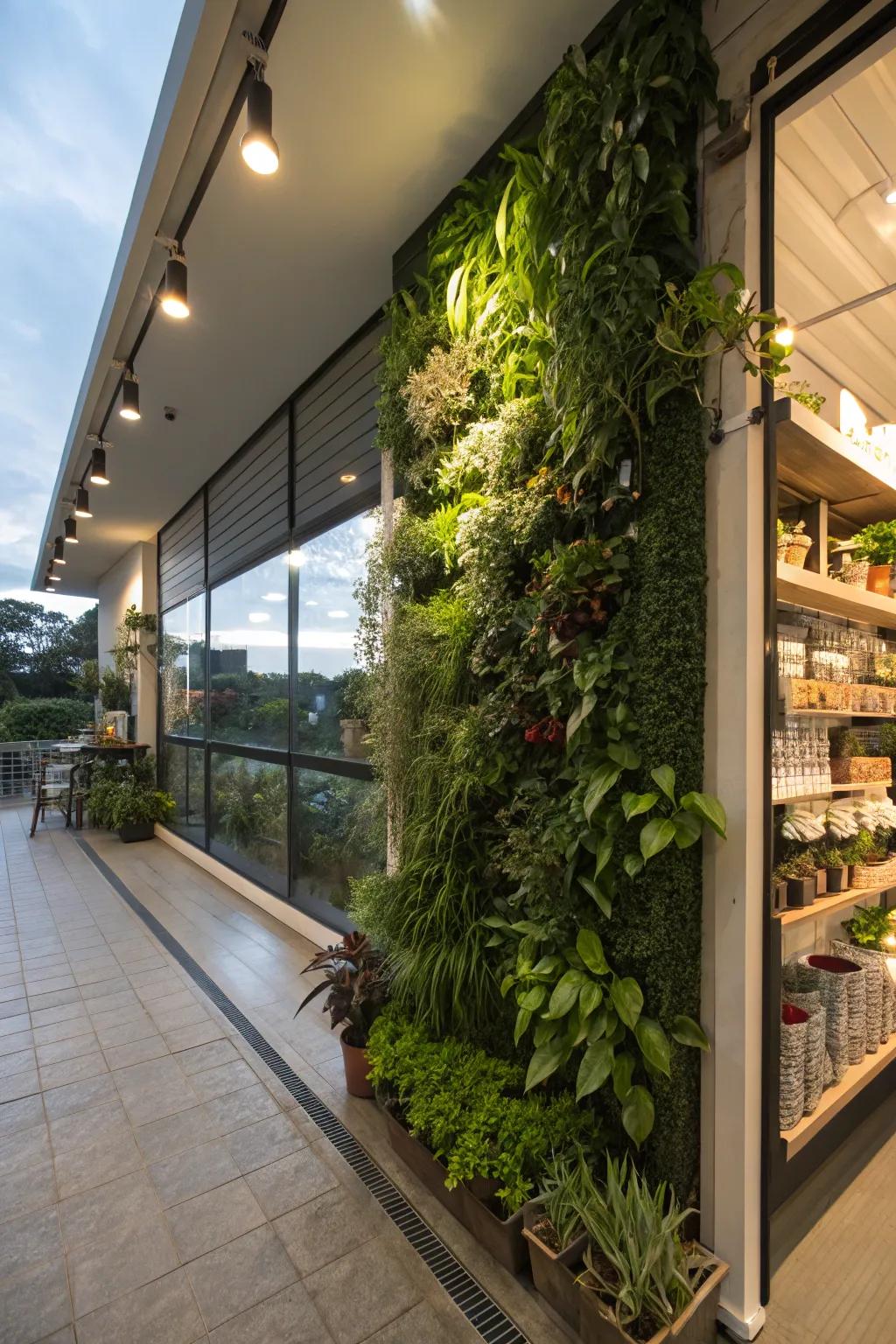 Living vertical gardens adding a touch of nature and refreshing the air.