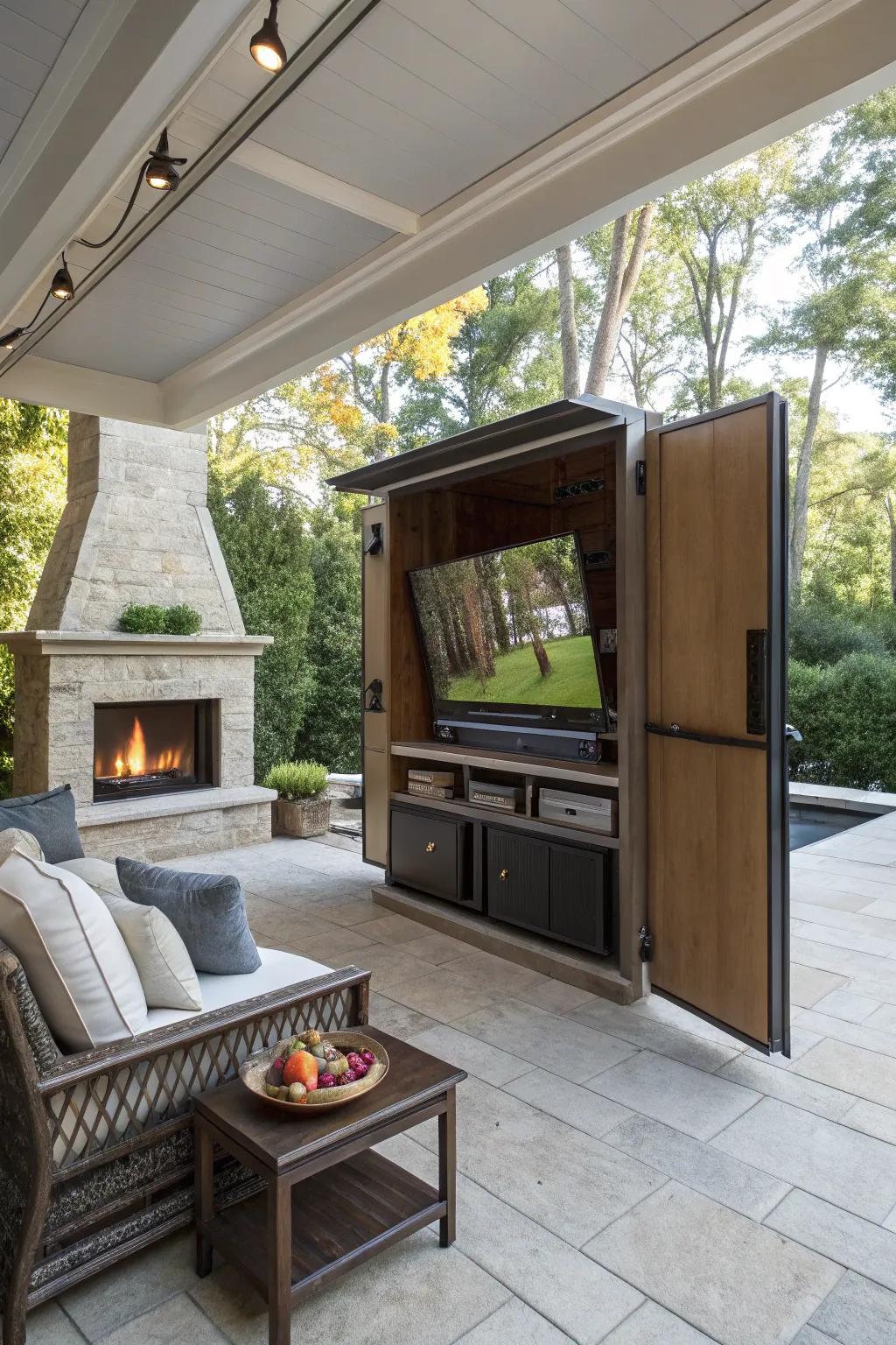 A retractable cabinet keeps your TV hidden and your space tidy.