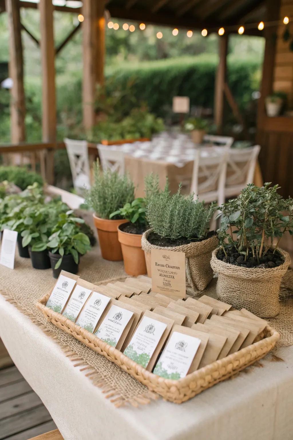 Eco-friendly wedding favors displayed beautifully.