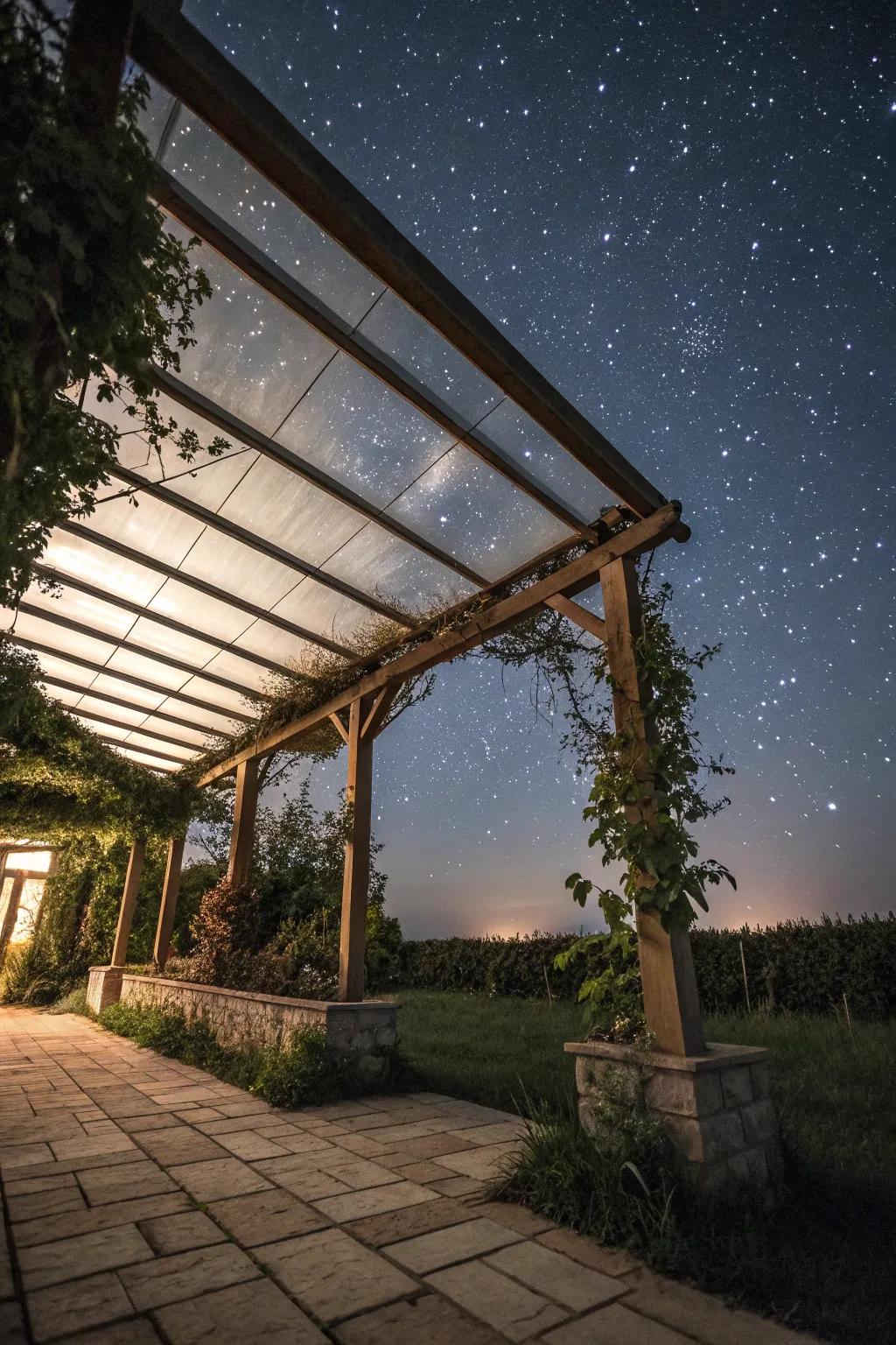 A transparent roof offers an unobstructed view of the night sky.